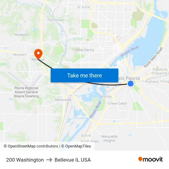 200 Washington to Bellevue IL USA map
