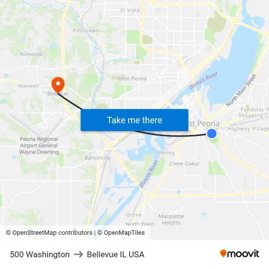 500 Washington to Bellevue IL USA map
