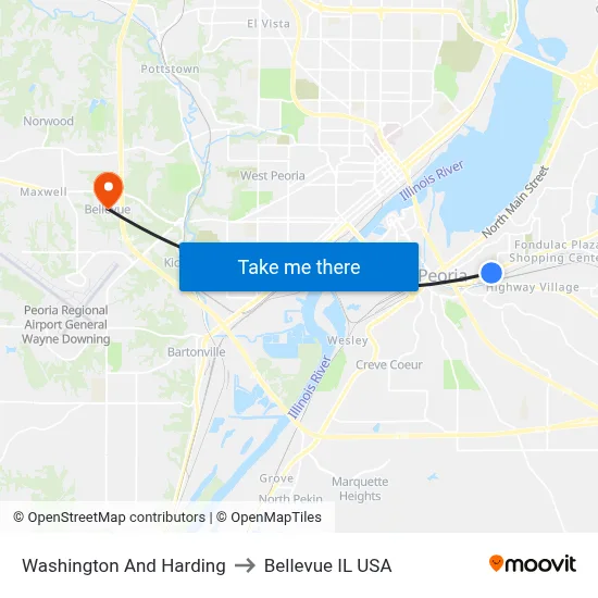 Washington And Harding to Bellevue IL USA map