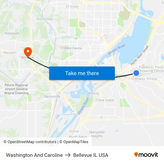 Washington And Caroline to Bellevue IL USA map