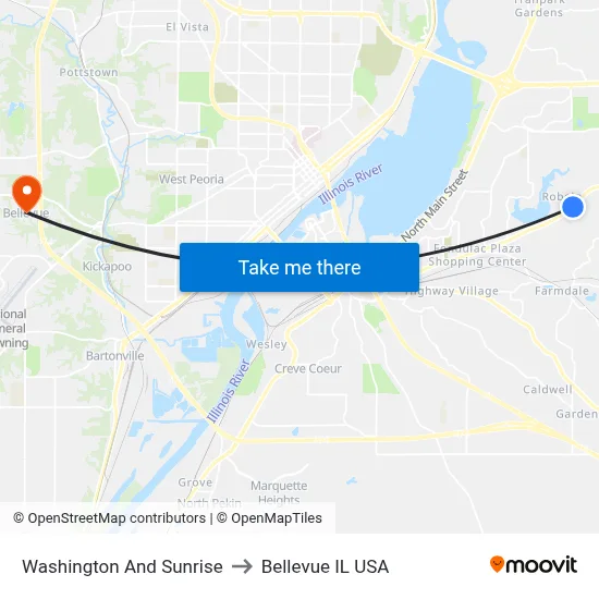 Washington And Sunrise to Bellevue IL USA map