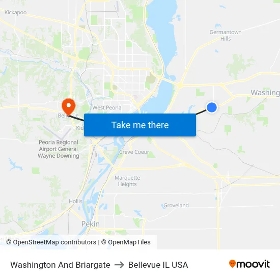 Washington And Briargate to Bellevue IL USA map