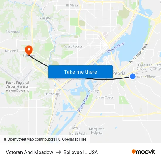 Veteran And Meadow to Bellevue IL USA map