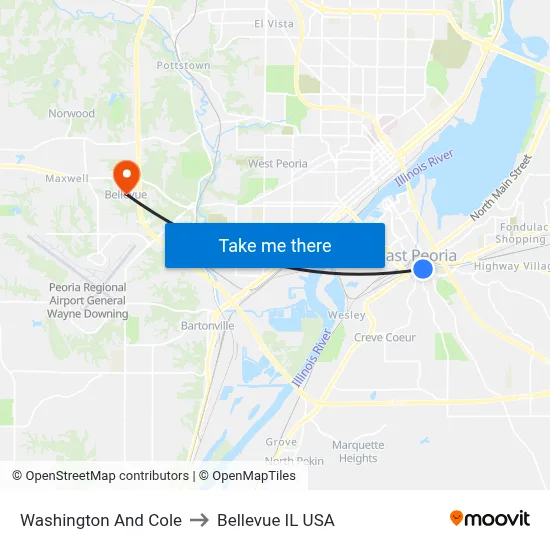 Washington And Cole to Bellevue IL USA map