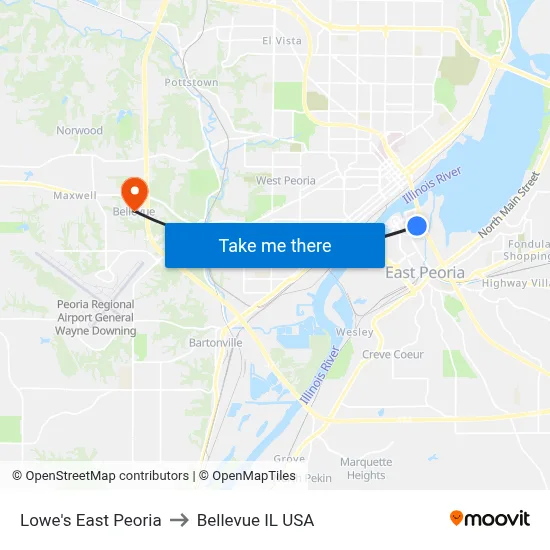 Lowe's East Peoria to Bellevue IL USA map