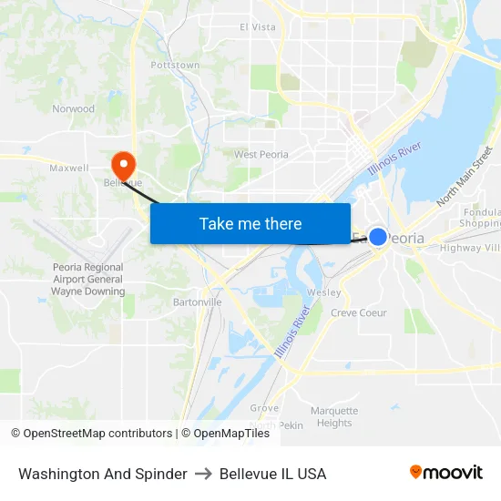 Washington And Spinder to Bellevue IL USA map