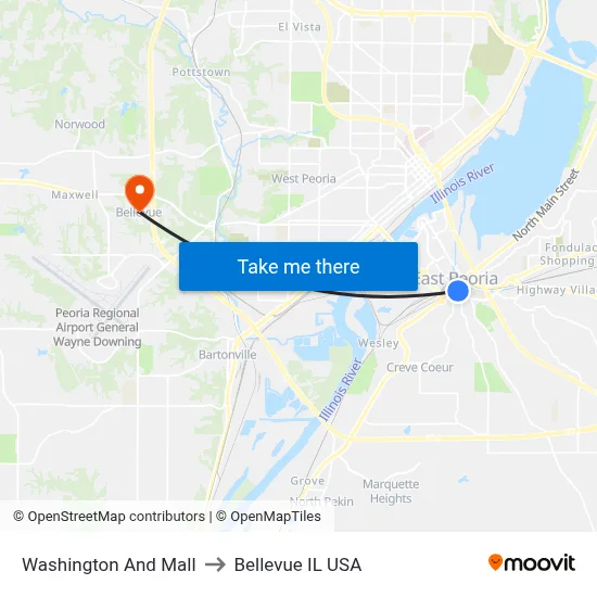 Washington And Mall to Bellevue IL USA map