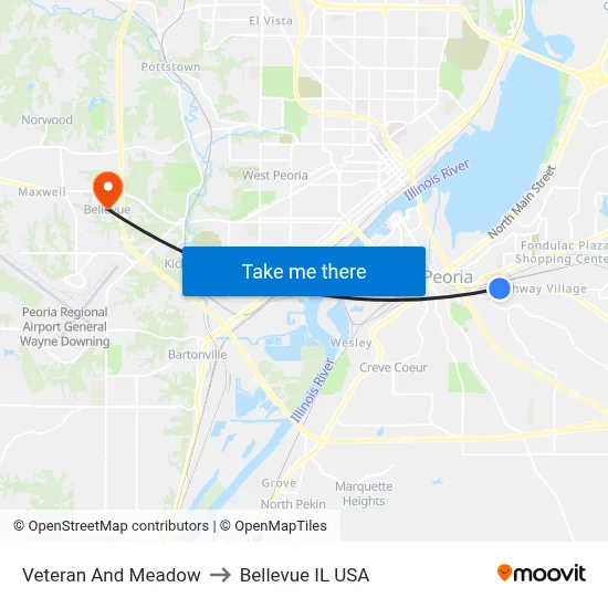 Veteran And Meadow to Bellevue IL USA map