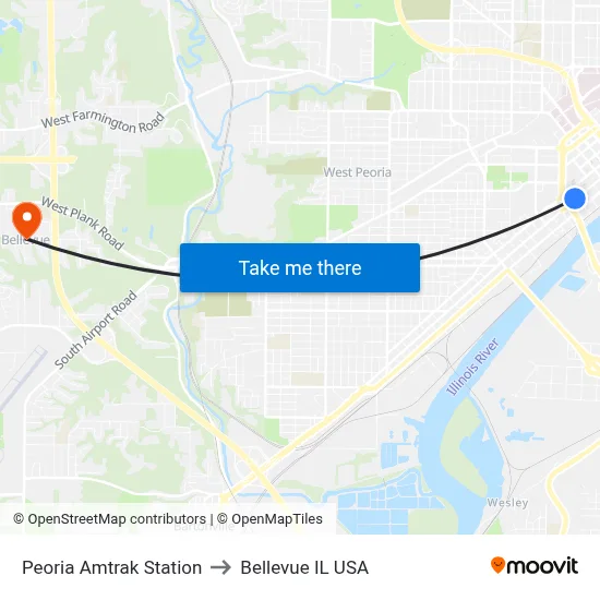 Peoria Amtrak Station to Bellevue IL USA map