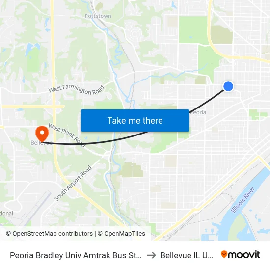 Peoria Bradley Univ Amtrak Bus Stop to Bellevue IL USA map