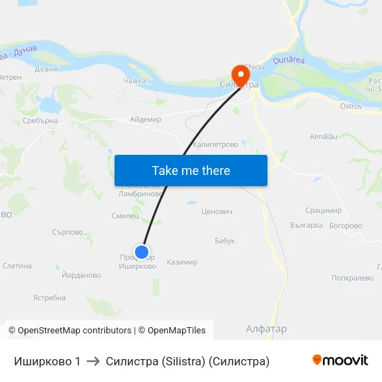 Иширково 1 to Силистра (Silistra) (Силистра) map