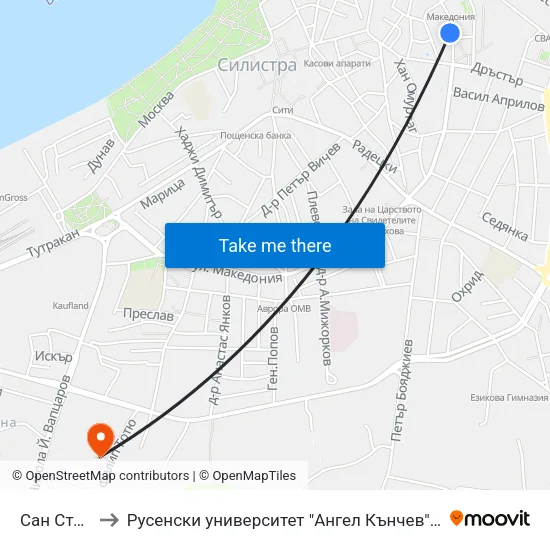 Сан Стефано to Русенски университет "Ангел Кънчев"- филиал Силистра map