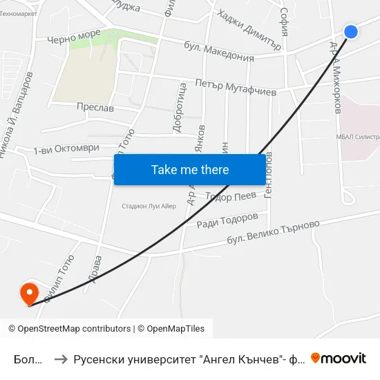 Болница to Русенски университет "Ангел Кънчев"- филиал Силистра map