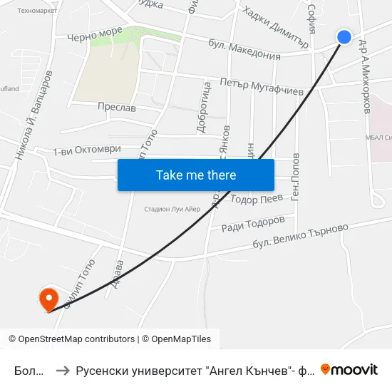 Болница to Русенски университет "Ангел Кънчев"- филиал Силистра map