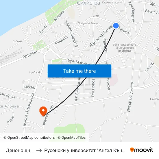 Денонощна Аптека to Русенски университет "Ангел Кънчев"- филиал Силистра map