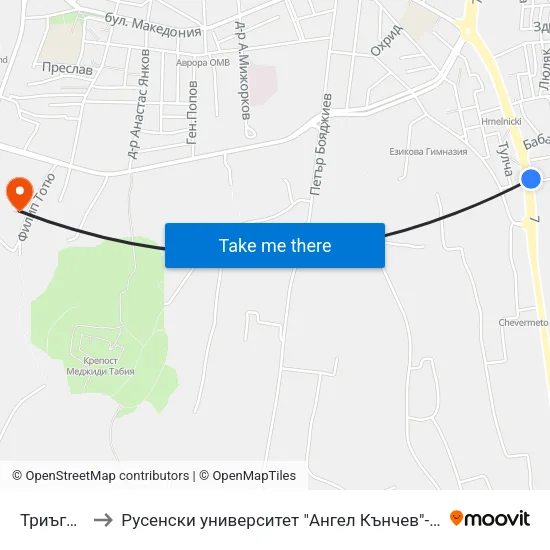 Триъглника to Русенски университет "Ангел Кънчев"- филиал Силистра map