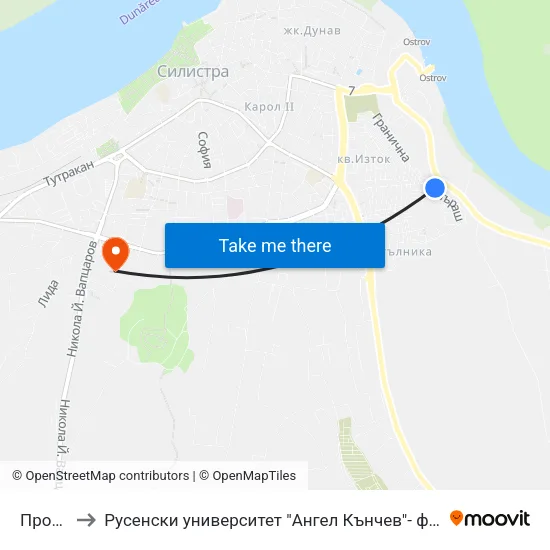 Прогрес to Русенски университет "Ангел Кънчев"- филиал Силистра map