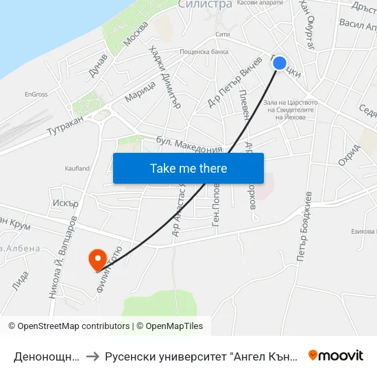 Денонощна Аптека to Русенски университет "Ангел Кънчев"- филиал Силистра map