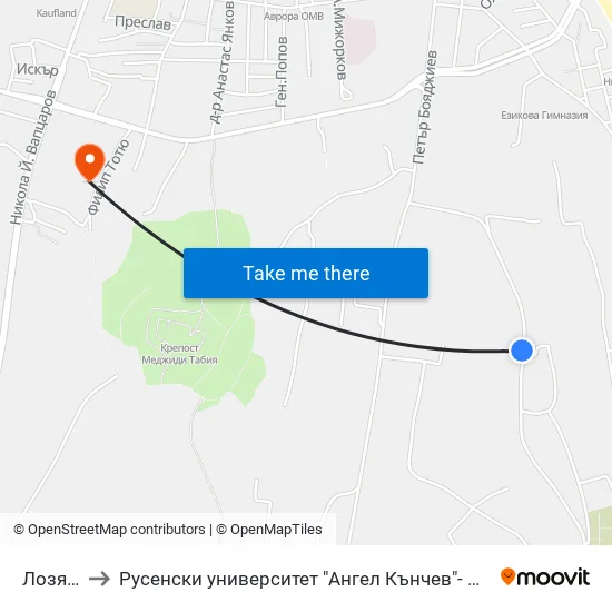 Лозята 1 to Русенски университет "Ангел Кънчев"- филиал Силистра map
