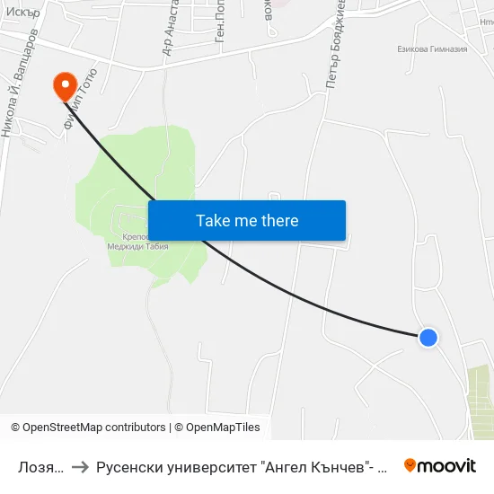 Лозята 2 to Русенски университет "Ангел Кънчев"- филиал Силистра map