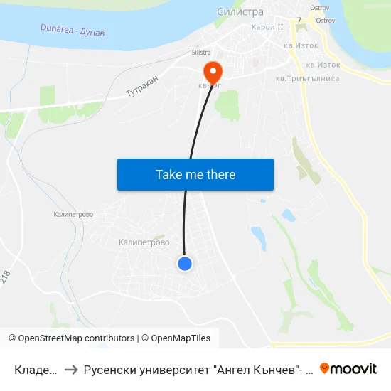 Кладенеца to Русенски университет "Ангел Кънчев"- филиал Силистра map