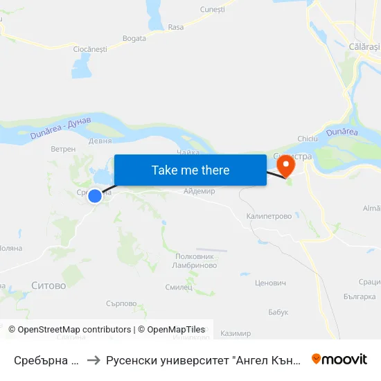 Сребърна (Център) to Русенски университет "Ангел Кънчев"- филиал Силистра map