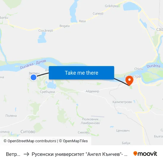Ветрен 1 to Русенски университет "Ангел Кънчев"- филиал Силистра map