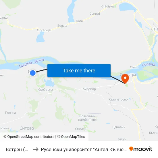 Ветрен (Център) to Русенски университет "Ангел Кънчев"- филиал Силистра map
