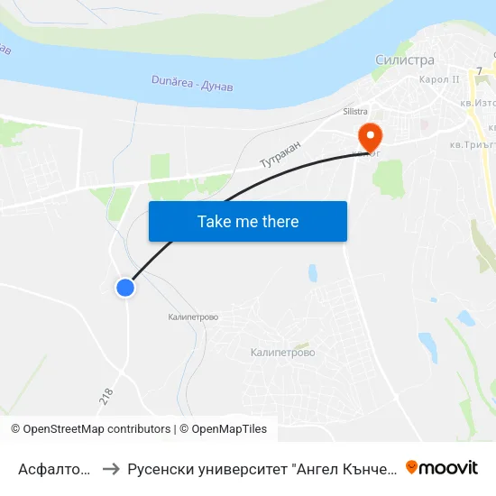 Асфалтова База to Русенски университет "Ангел Кънчев"- филиал Силистра map