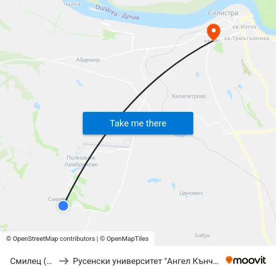 Смилец (Център) to Русенски университет "Ангел Кънчев"- филиал Силистра map