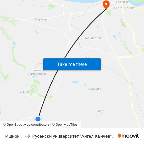 Иширково 1 to Русенски университет "Ангел Кънчев"- филиал Силистра map