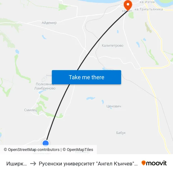 Иширково 1 to Русенски университет "Ангел Кънчев"- филиал Силистра map