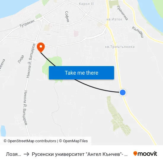 Лозята 2 to Русенски университет "Ангел Кънчев"- филиал Силистра map