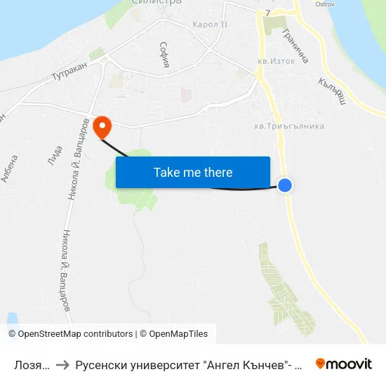 Лозята 1 to Русенски университет "Ангел Кънчев"- филиал Силистра map