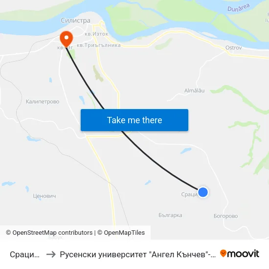 Срацимир 1 to Русенски университет "Ангел Кънчев"- филиал Силистра map