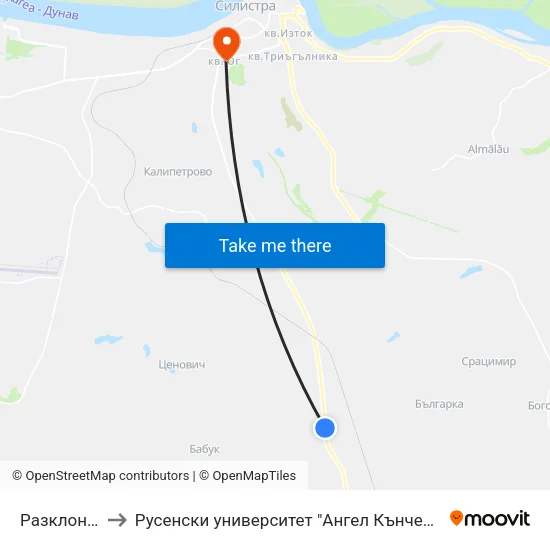 Разклон Бабук to Русенски университет "Ангел Кънчев"- филиал Силистра map