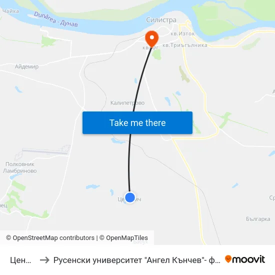 Ценович to Русенски университет "Ангел Кънчев"- филиал Силистра map