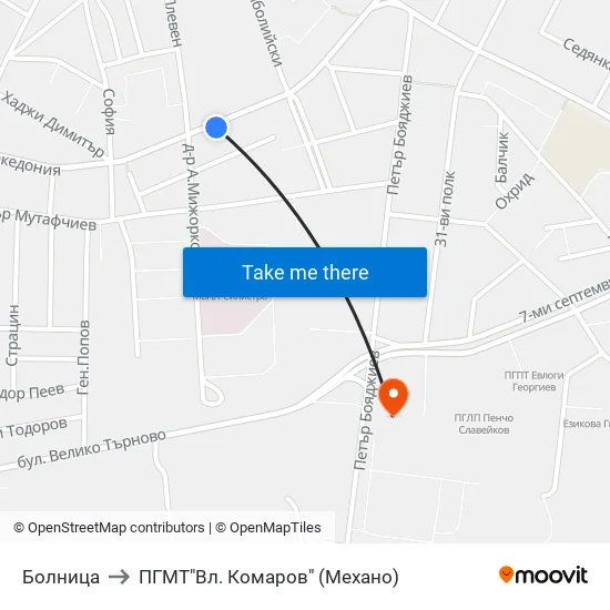 Болница to ПГМТ"Вл. Комаров" (Механо) map