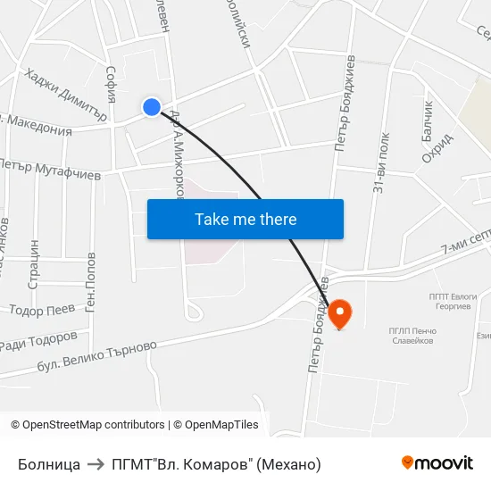 Болница to ПГМТ"Вл. Комаров" (Механо) map