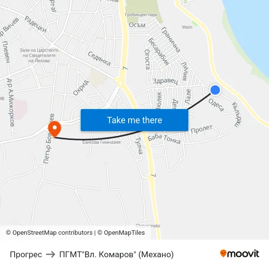 Прогрес to ПГМТ"Вл. Комаров" (Механо) map