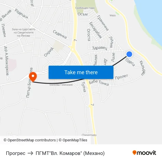 Прогрес to ПГМТ"Вл. Комаров" (Механо) map