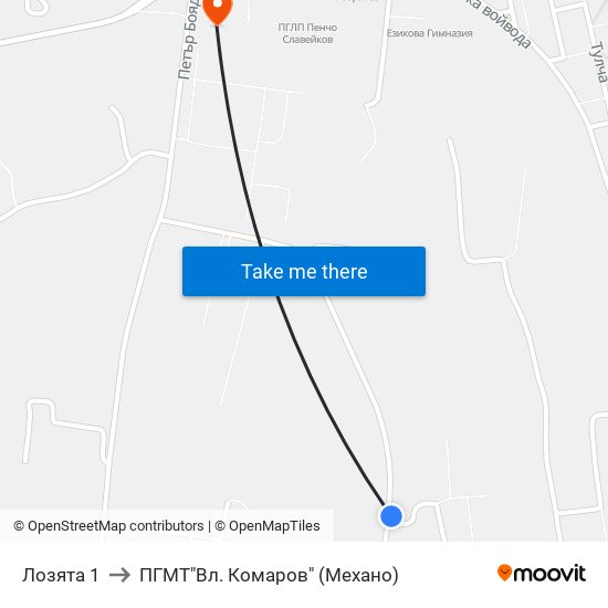 Лозята 1 to ПГМТ"Вл. Комаров" (Механо) map