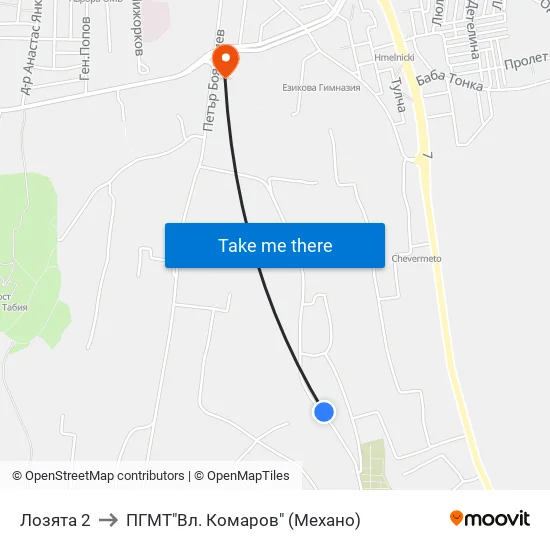 Лозята 2 to ПГМТ"Вл. Комаров" (Механо) map