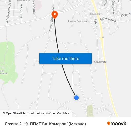 Лозята 2 to ПГМТ"Вл. Комаров" (Механо) map