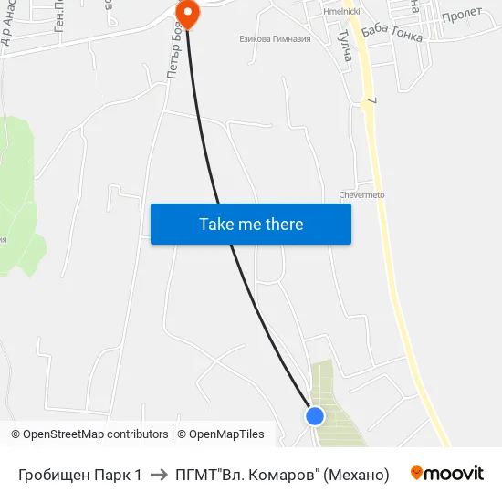 Гробищен Парк 1 to ПГМТ"Вл. Комаров" (Механо) map