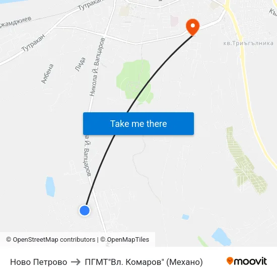 Ново Петрово to ПГМТ"Вл. Комаров" (Механо) map