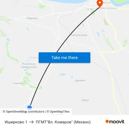 Иширково 1 to ПГМТ"Вл. Комаров" (Механо) map