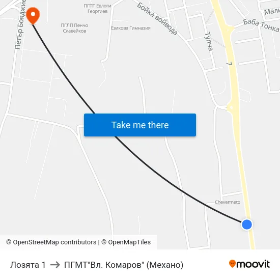 Лозята 1 to ПГМТ"Вл. Комаров" (Механо) map