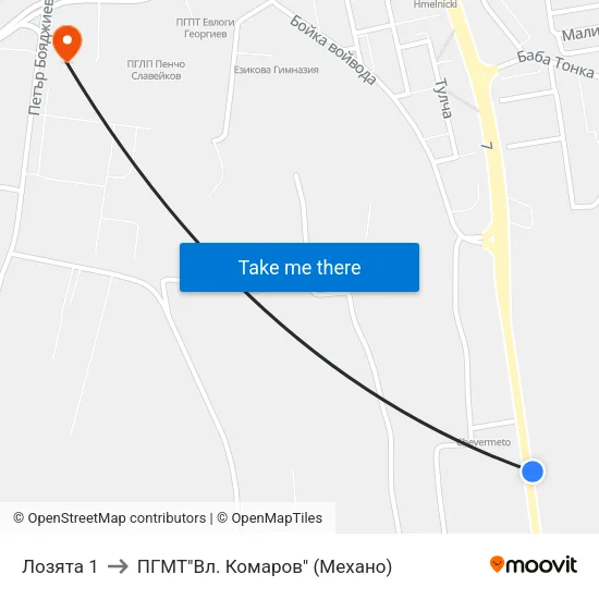 Лозята 1 to ПГМТ"Вл. Комаров" (Механо) map