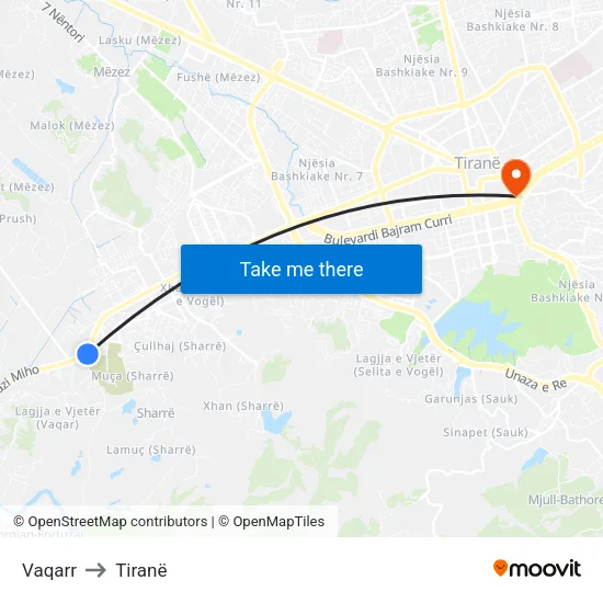 Vaqarr to Tiranë map